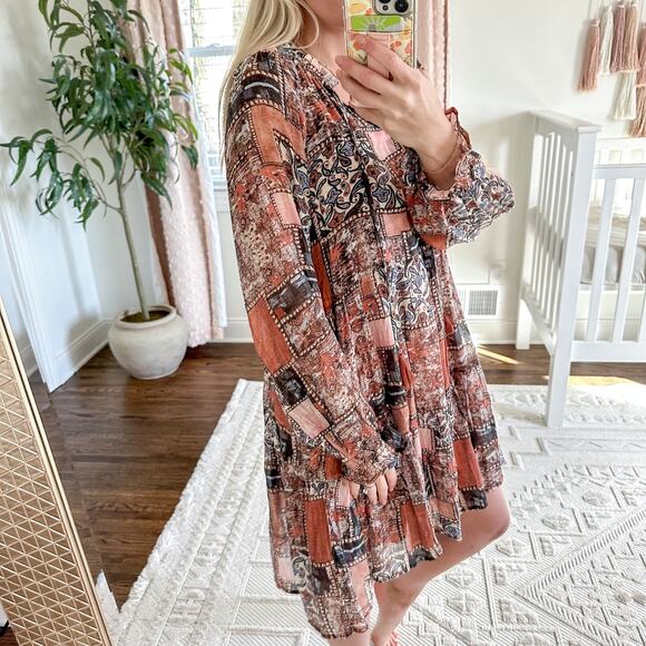 Hayden Paisley Patchwork Ruffle Neck Chiffon Tunic Dress - Picture 3 of 10